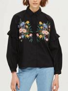 Choies Black Embroidery Floral Frill Trim Long Sleeve Shirt
