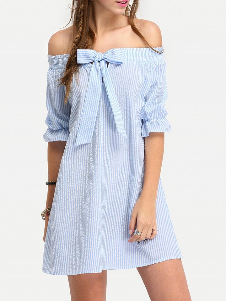 Choies Light Blue Stripe Off Shoulder Tie Front Ruffle Cuff Mini Dress