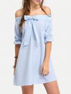 Choies Light Blue Stripe Off Shoulder Tie Front Ruffle Cuff Mini Dress