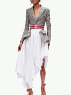 Choies White Contrast Plaid Lapel Buckle Waist Midi Dress