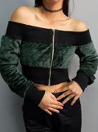 Choies Green Velvet Off Shoulder Long Sleeve Cropped Jacket