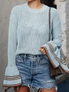 Choies Blue Crew Neck Flare Sleeve Chic Women Knit Sweater