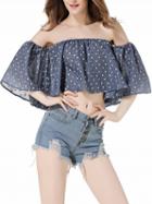 Choies Blue Off Shoulder Flared Sleeve Crop Top