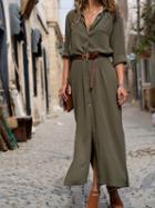 Choies Army Green V-neck Thigh Split Long Sleeve Chic Women Maxi Dress