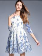 Choies Blue 3/4 Sleeve Embroidery Lace Skater Mini Dress