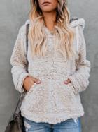 Choies Beige V-neck Pouch Pocket Long Sleeve Fluffy Hoodie