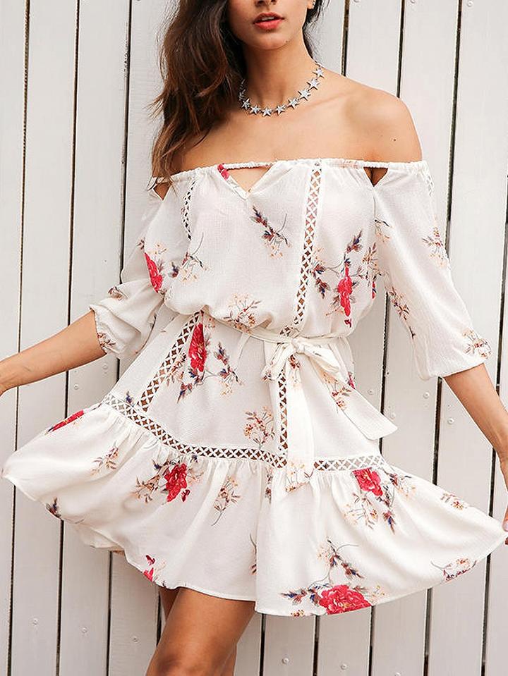 Choies White Floral Print Off Shoulder Cut Out Ladder Trim Skater Dress