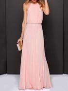 Choies Peach Pink Cut Away Pleated Chiffon Maxi Dress