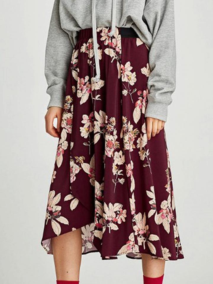 Choies Burgundy High Waist Floral Print Asymmetric Hem Skirt