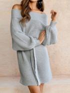 Choies Gray Off Shoulder Tie Waist Batwing Sleeve Chic Women Knit Mini Dress