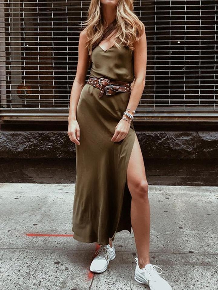 Choies Army Green Satin Look V-neck Thigh Split Side Women Cami Maxi Dress