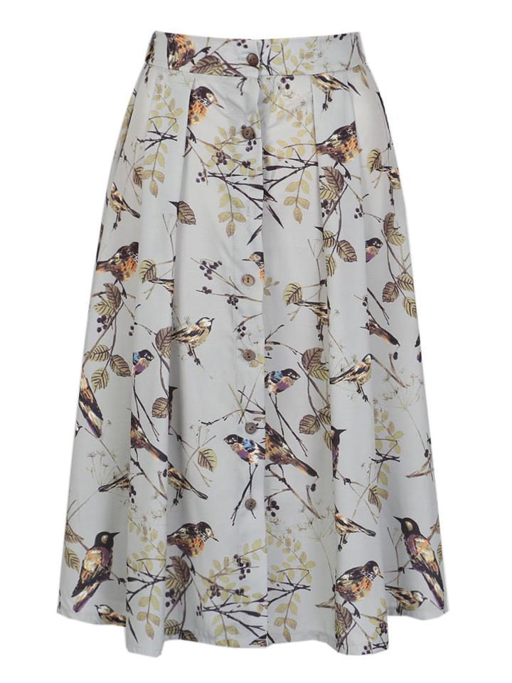 Choies Green Bird Print Elastic Waist Button Front Skirt