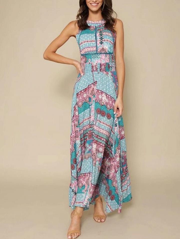 Choies Polychrome Halter Geo-tribal Open Back Maxi Dress