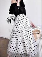 Choies White High Waist Polka Dot Print Chic Women Mesh Midi Skirt