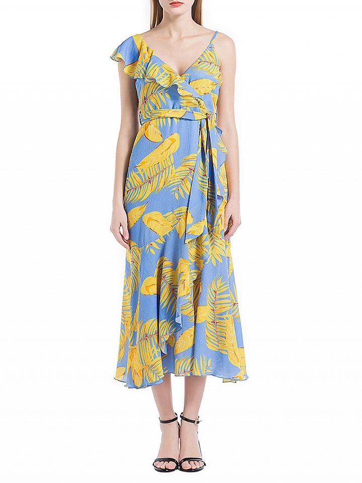 Choies Polychrome V-neck Floral Print Ruffle Trim Tie Waist Midi Dress