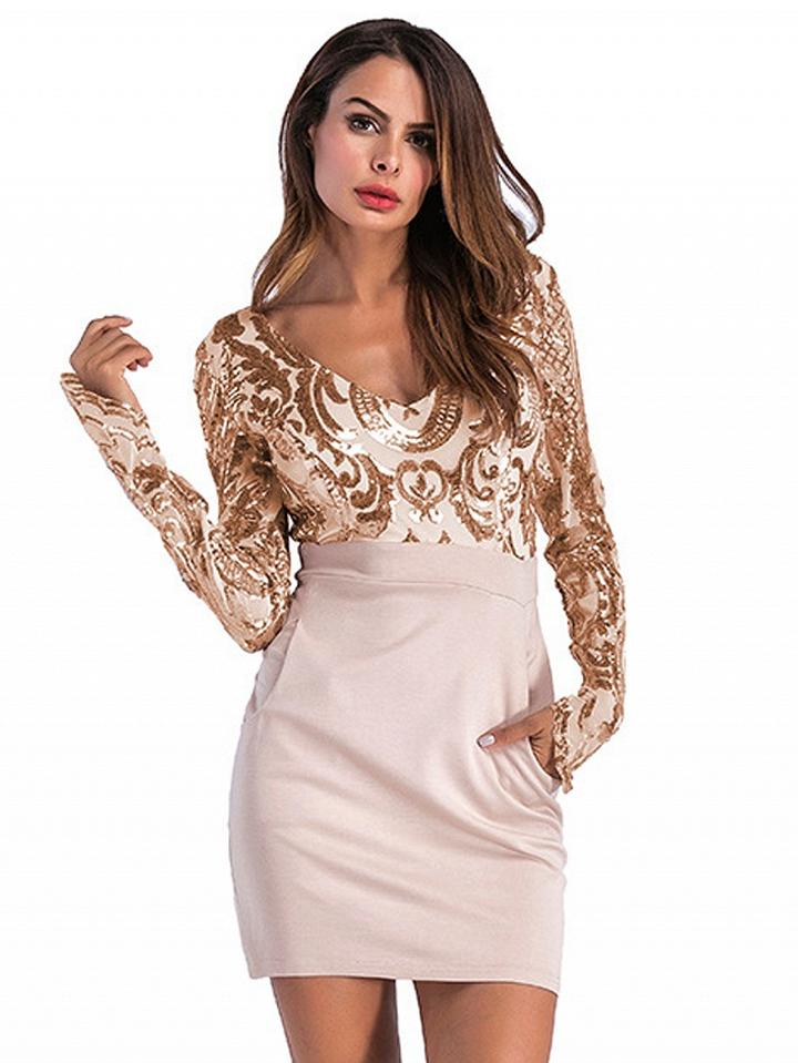 Choies Gold Plunge Sequin Detail Long Sleeve Mini Dress