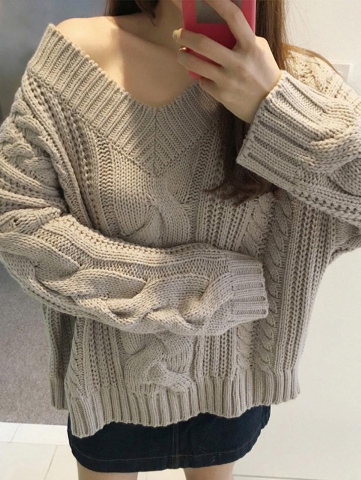 Choies Gray V-neck Cable Knit Sweater