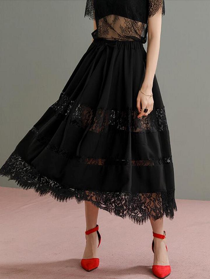 Choies Black High Waist Lace Panel Chic Women Maxi Skirt