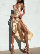 Choies Beige Satin Look Plunge Thigh Split Side Open Back Maxi Dress