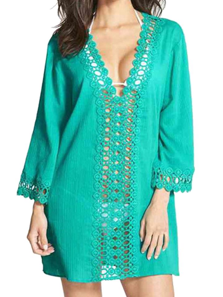 Choies Cyan Crochet V Neck Semi-sheer Poncho Cover Up Blouse