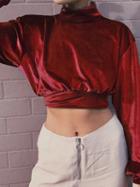 Choies Red Velvet High Neck Long Sleeve Chic Women Crop Top