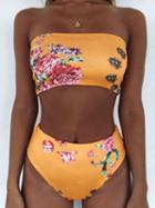 Choies Yellow Bandeau Floral Print Women Bikini Top And High Waist Bottom