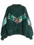 Choies Green Sequin Detail Fluffy Mohair Knit Sweater