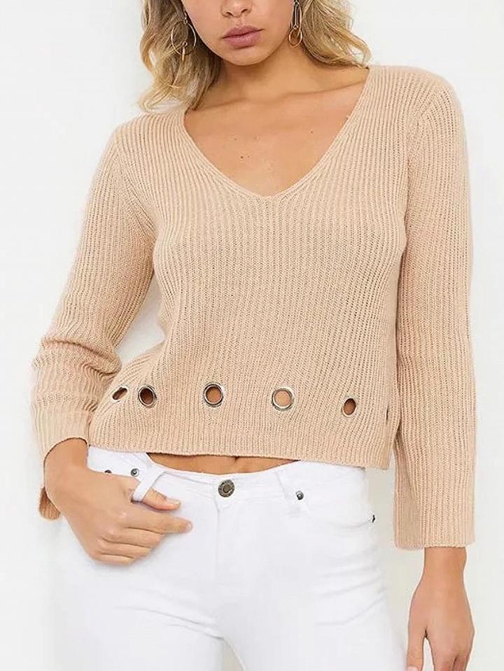 Choies Khaki V-neck Eyelet Detail Long Sleeve Cropped Knit Jumper
