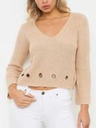 Choies Khaki V-neck Eyelet Detail Long Sleeve Cropped Knit Jumper