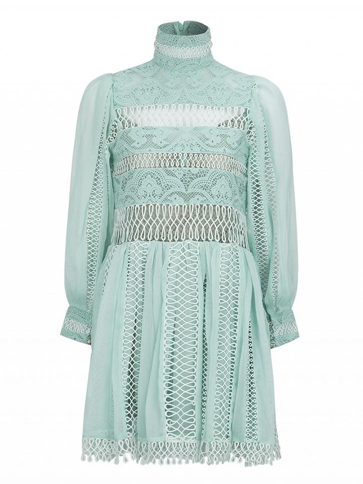 Choies Green High Neck Cut Out Insert Embroidery Lace Dress With Cami