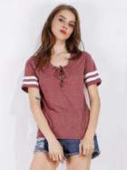 Choies Indian Red  Lace Up Front Stripe Sleeve T-shirt