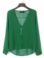 Choies Green V-neck Button Detail Dip Back Blouse