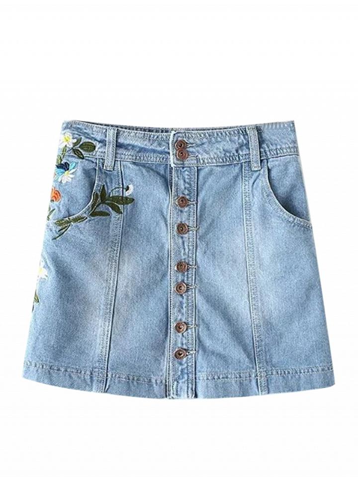 Choies Blue Light Wash Embroidery A-line Denim Skirt