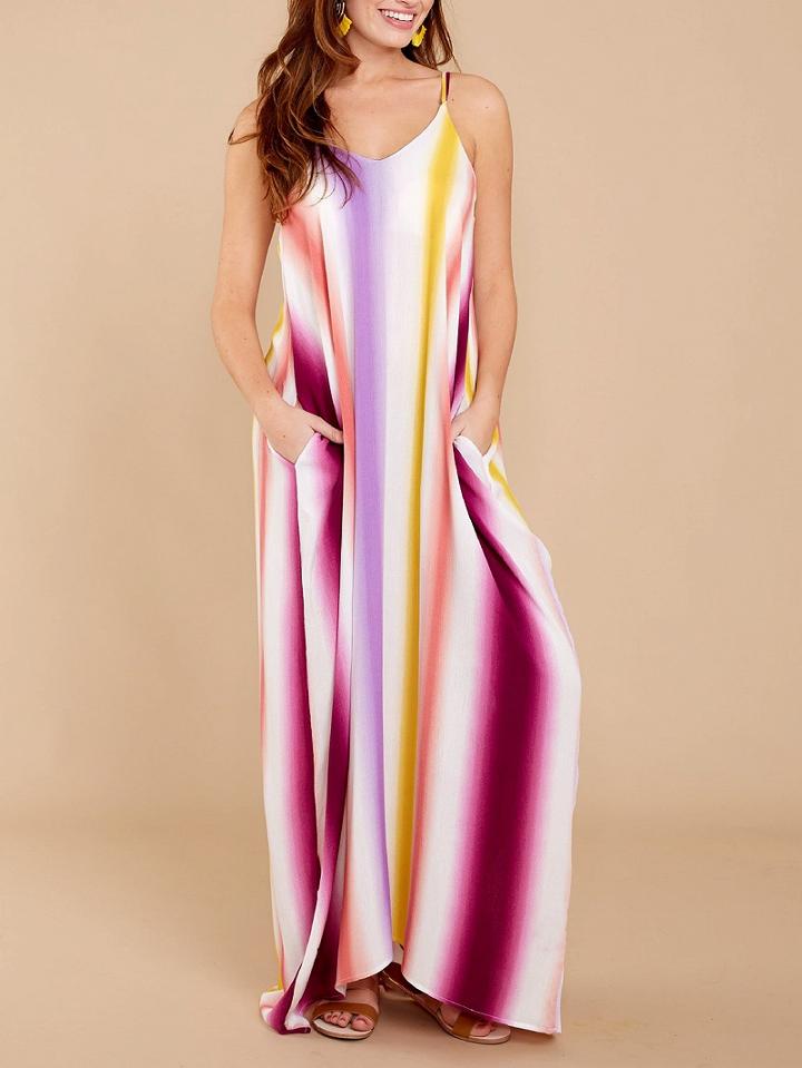 Choies Polychrome Stripe V-neck Backless Chic Women Cami Maxi Dress