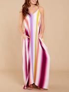 Choies Polychrome Stripe V-neck Backless  Chic Women Cami Maxi Dress