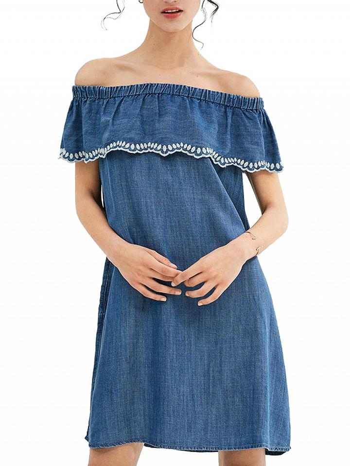 Choies Blue Off Shoulder Ruffle Embroidery Detail Shift Denim Dress
