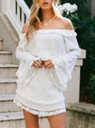 Choies White Off Shoulder Bell Sleeve Tassel Trim Crop Top And Skirt