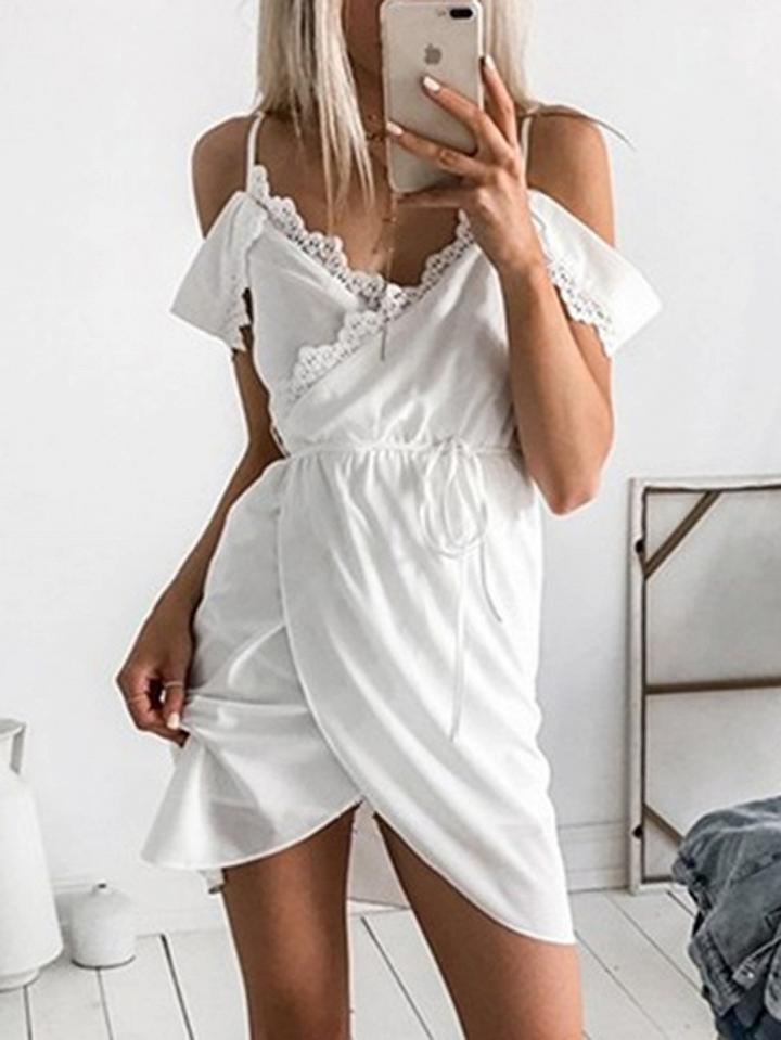 Choies White V-neck Lace Panel Tie Waist Cami Mini Dress