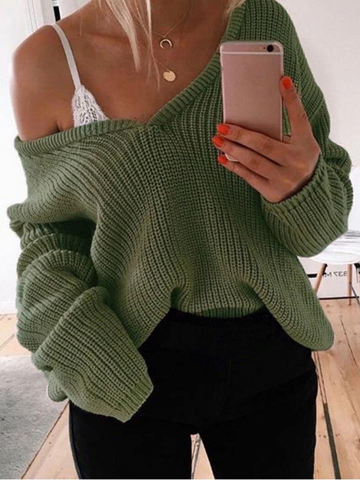 Choies Green V-neck Long Sleeve Women Knit Sweater