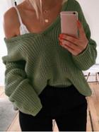Choies Green V-neck Long Sleeve Women Knit Sweater