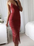 Choies Red V-neck Tassel Trim Chic Women Lace Bodycon Cami Midi Dress