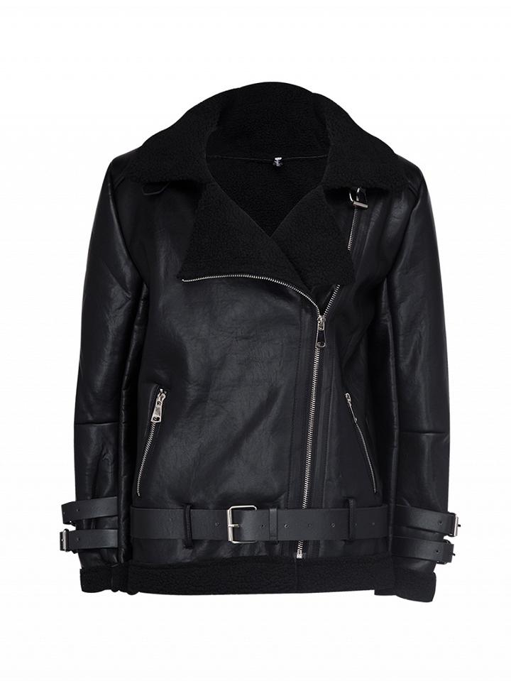 Choies Black Lapel Faux Shearling Buckle Detail Pu Jacket