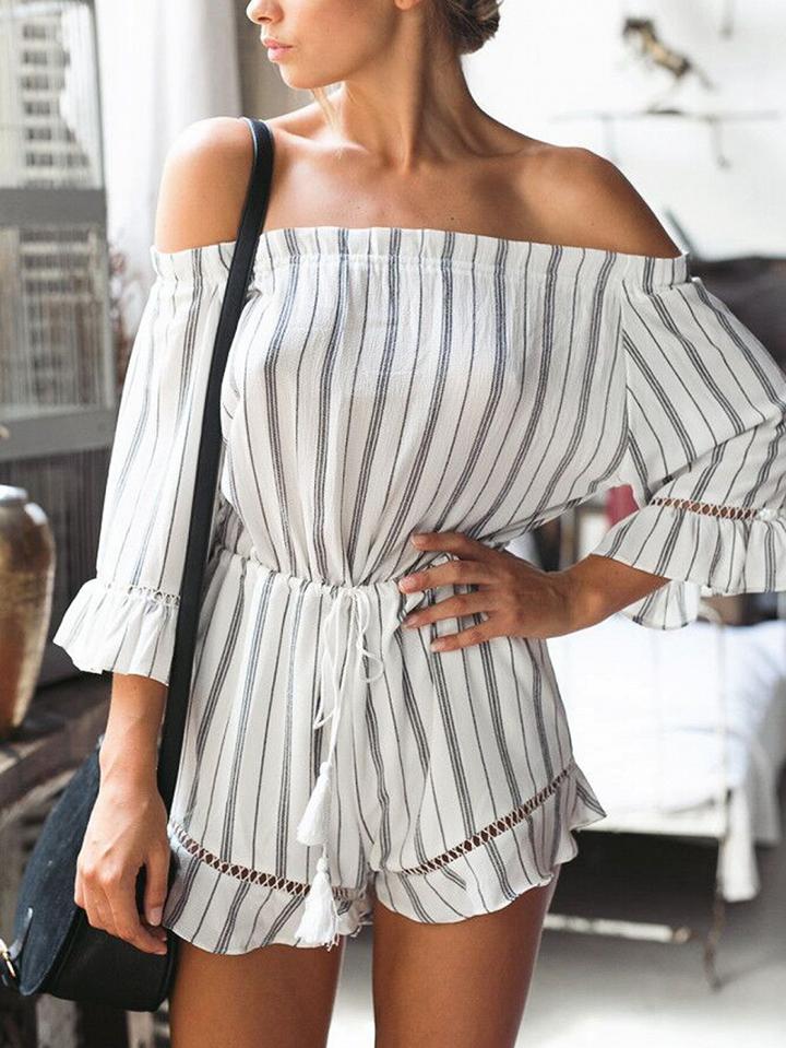 Choies White Stripe Off Shoulder Long Sleeve Romper Playsuit