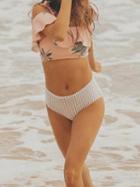Choies Pink Off Shoulder Leaf Print Chic Women Bikini Cami Top And Bottom