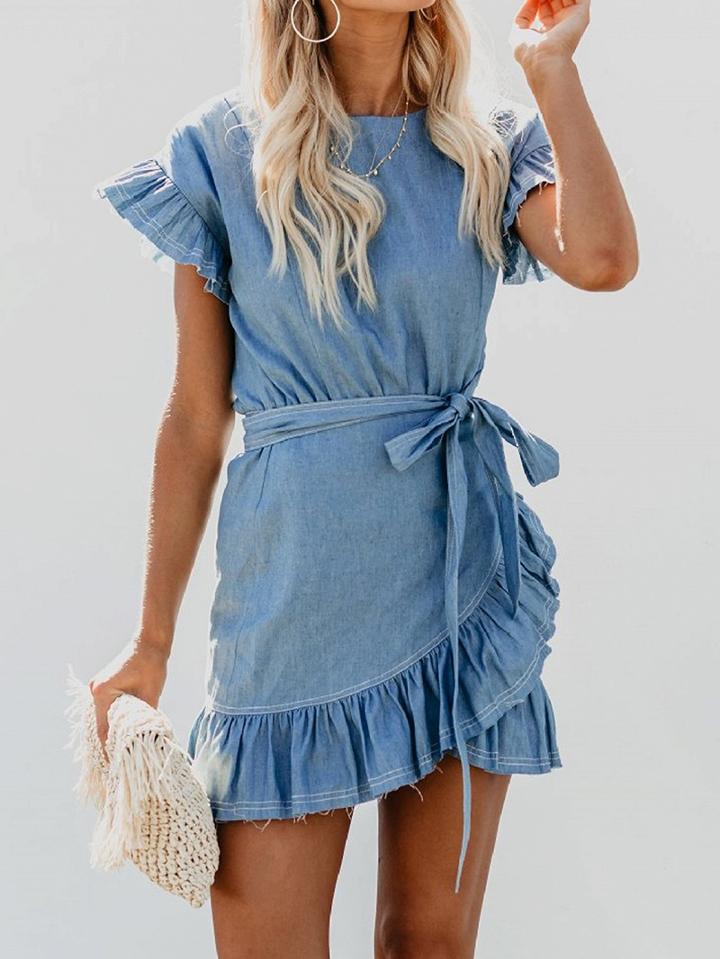 Choies Blue Cotton Tie Waist Ruffle Trim Chic Women Mini Dress