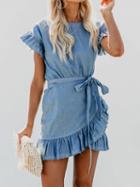 Choies Blue Cotton Tie Waist Ruffle Trim Chic Women Mini Dress