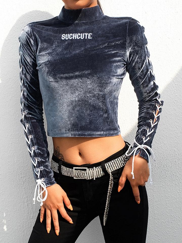 Choies Blue Velvet High Neck Letter Embroidery Long Sleeve Crop Top