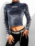 Choies Blue Velvet High Neck Letter Embroidery Long Sleeve Crop Top