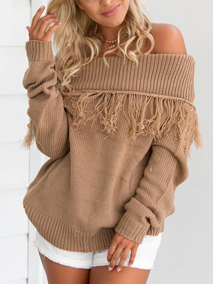 Choies Camel Off Shoulder Tassel Knit Sweater