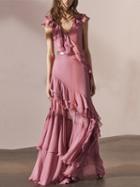Choies Pink Chiffon V-neck Layered Ruffle Trim Chic Women Maxi Dress